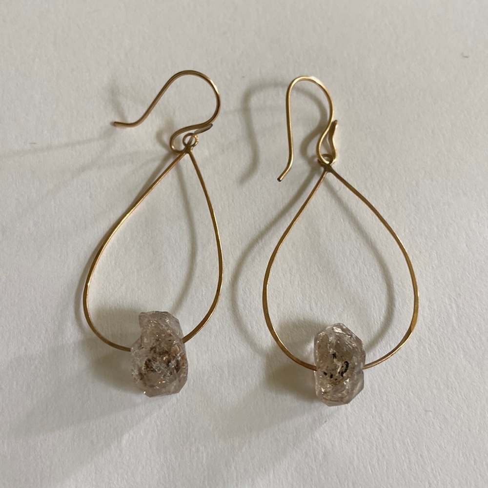 Handmade 14K Gold & Raw Stone Earrings Fine Jewelry Raw Salt & Pepper Stone 2.5”